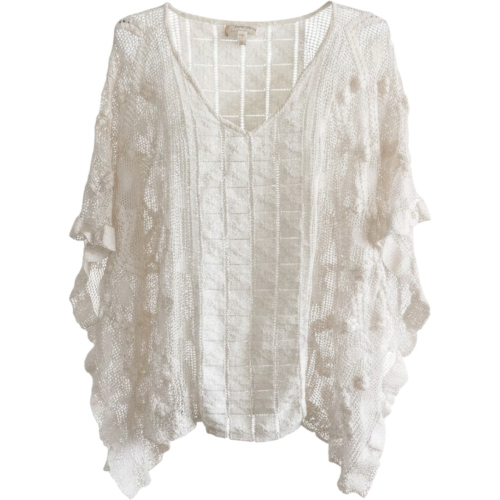 Free People White Crochet Lace  V-Neck Oversized Cotton Top One Size